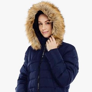 Valuker Navy Blue Women's Down Coat With Fur Hood 90% Down Waterproof Parka.
